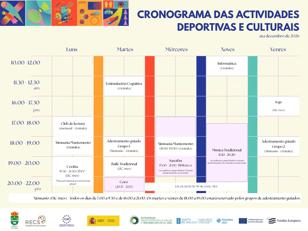 Cronograma das actividades deportivas e culturais do Concello da Veiga ata decembro de 2026