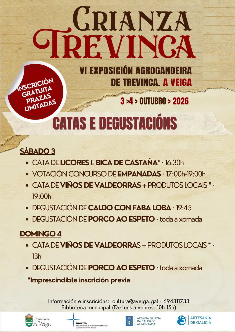 Cartel co programa de catas e degustacións de Crianza Trevinca