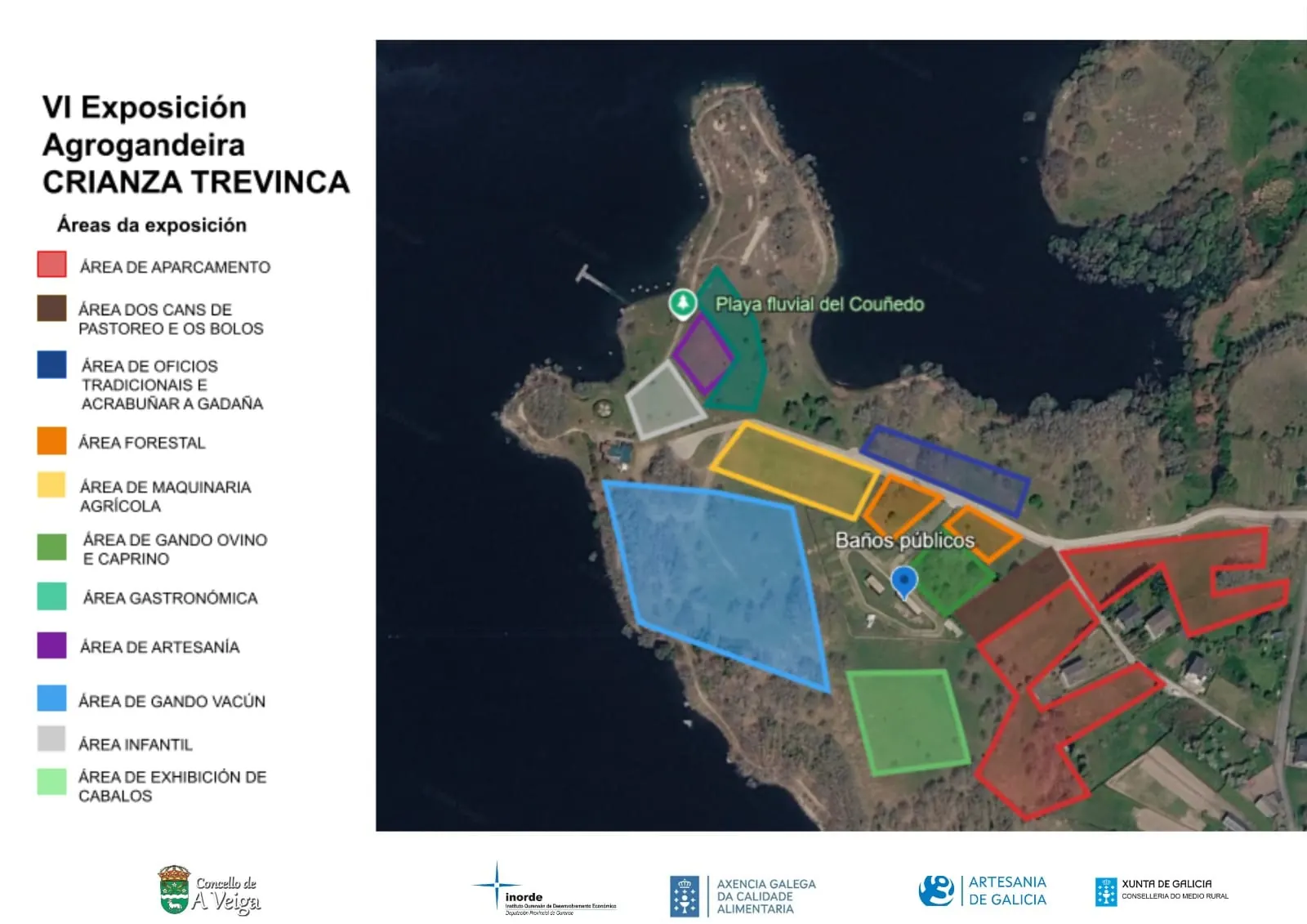 Mapa coas áreas da VI Exposición Agrogandeira Crianza Trevinca na praia fluvial do Couñedo